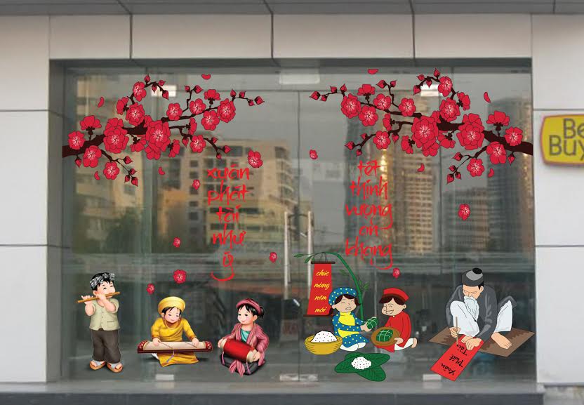 Vẽ tranh tết trên kính hoa đào câu đối đỏ - Họa sỹ Việt Nam