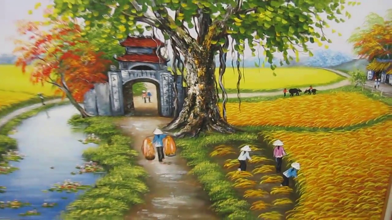 Vẽ tranh tường cánh đồng làng quê