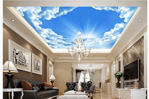 Vẽ tranh tường trần nhà biệt thự trời mây, trần xuyên sáng đẹp