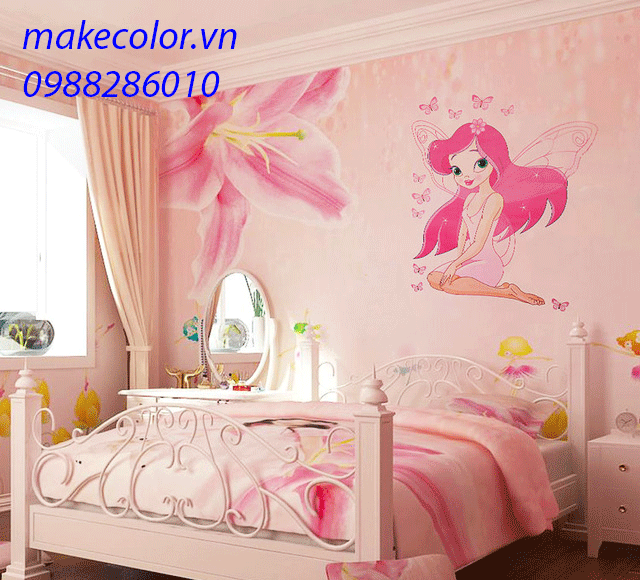 Vẽ tranh tường trang trí phòng ngủ bé gái 