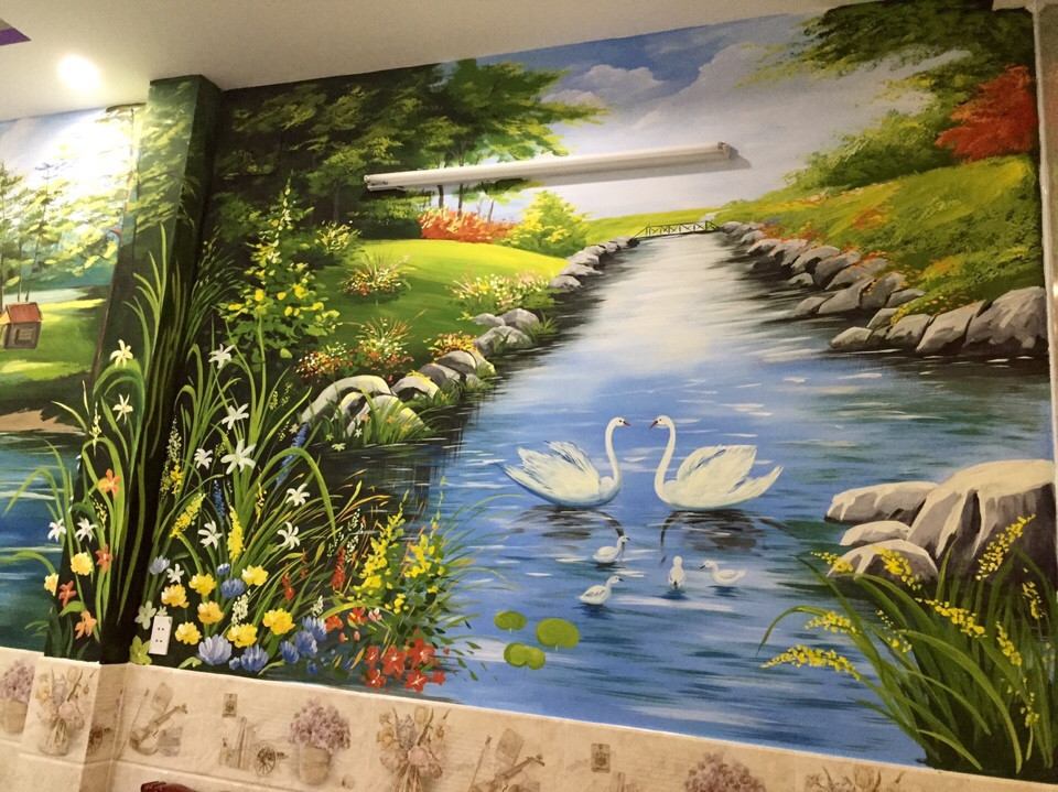 Vẽ tranh tường phòng khách sơn thủy hữu tình 
