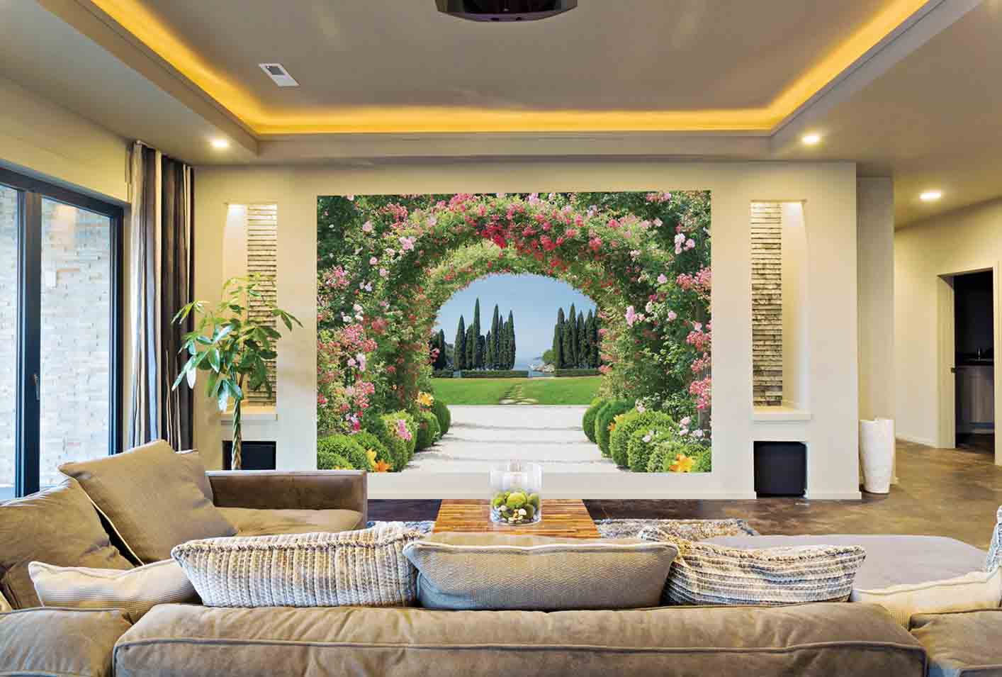Vẽ tranh tường 3D phòng khách chủ đề hoa cây tạo cảm giác vườn rộng, tràn đầy ánh nắng